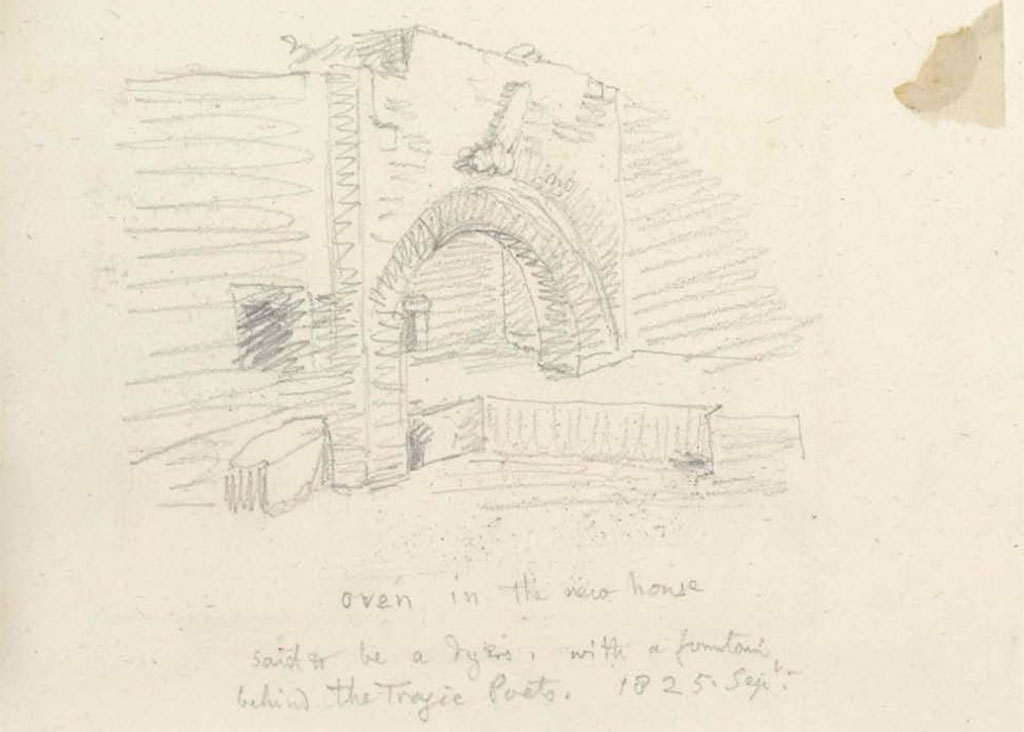 6.8.20 Pompeii. September 1825. Room 16, kitchen, with oven and bench
Sketch by W. Gell showing �Oven in the new house said to be a dyers, with a fountain, behind the Tragic Poets. 
See Gell, W. Pompeii unpublished [Dessins de l'�dition de 1832 donnant le r�sultat des fouilles post 1819 (?)] vol II, p.152/178.
Biblioth�que de l'Institut National d'Histoire de l'Art, collections Jacques Doucet, Identifiant num�rique Num MS180 (2).
See book in INHA Use Etalab Licence Ouverte
