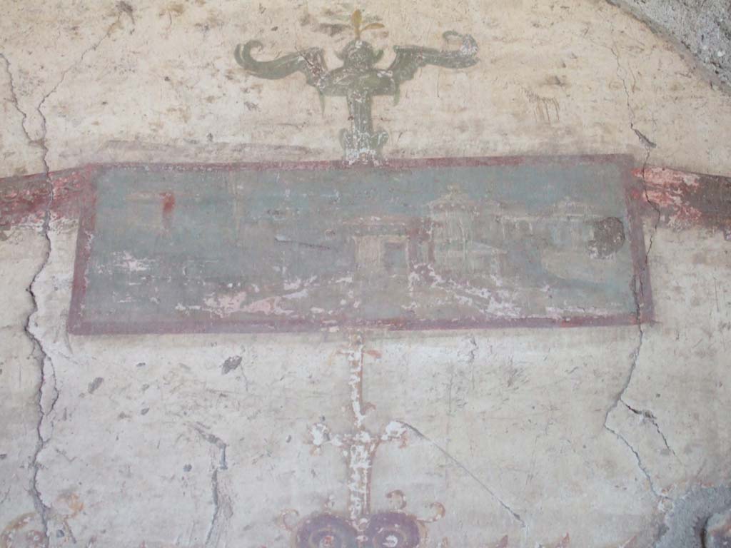 VI.8.23 Pompeii. September 2005. Painted panel with architectural scene, from upper north wall of cubiculum at east end.