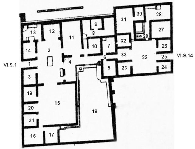 VI.9.1/14 Pompeii. Casa del Duca di Aumale or Casa d’Iside ed Io 

or Hospitium Gabinianus or of Gabinius.
Combined Room Plan