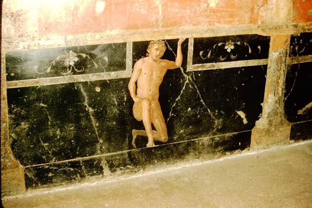 VI.9.2 Pompeii. 1957. Decorated wall in room 26, centre of lower panel on east wall.
Photo by Stanley A. Jashemski.
Source: The Wilhelmina and Stanley A. Jashemski archive in the University of Maryland Library, Special Collections (See collection page) and made available under the Creative Commons Attribution-Non Commercial License v.4. See Licence and use details.
J57f0185