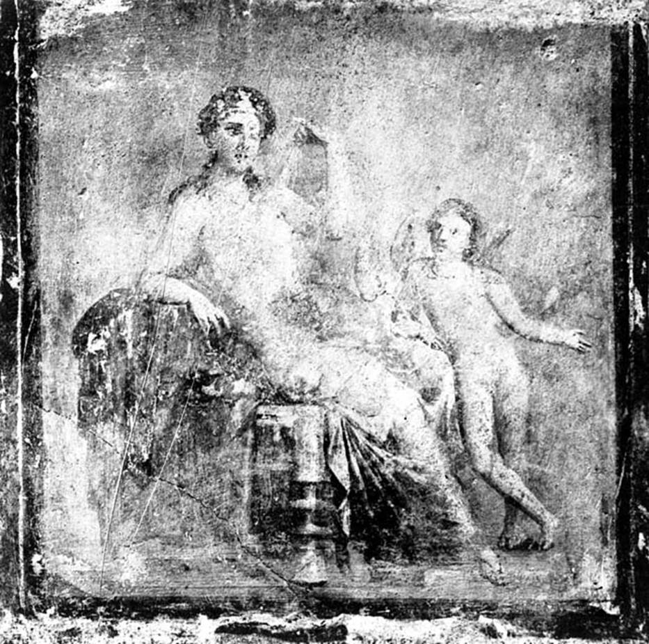 VI.9.2 Pompeii. W.135. Wall painting of a sitting woman with cupid.
According to Bragantini, a painting of a seated woman and cupid was found in the centre of the east wall.
It was then removed. 
See Bragantini, de Vos, Badoni, 1983. Pitture e Pavimenti di Pompei, Parte 2. Rome: ICCD. (p.198)
See Helbig, W., 1868. Wandgem�lde der vom Vesuv versch�tteten St�dte Campaniens. Leipzig: Breitkopf und H�rtel. (1429)
See Real Museo Borbonico, VIII, taf 5.
See Zahn, W., 1852. Die sch�nsten Ornamente und merkw�rdigsten Gem�lde aus Pompeji, Herkulanum und Stabiae: III. Berlin: Reimer, 58.
Photo by Tatiana Warscher. With kind permission of DAI Rome, whose copyright it remains. 
See http://arachne.uni-koeln.de/item/marbilderbestand/230963 
