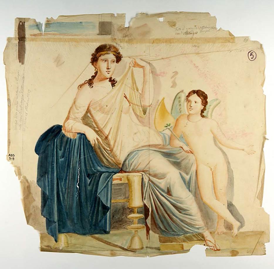 VI.9.2 Pompeii. Painting by Giuseppe Marsigli dated 18th October 1829, of female figure and cupid. (Helbig 1429)
According to Overbeck this painting was on the north wall, according to Warscher from the east wall of room 28.
Now in Naples Archaeological Museum. Inventory number ADS 319.
Photo � ICCD. http://www.catalogo.beniculturali.it
Utilizzabili alle condizioni della licenza Attribuzione - Non commerciale - Condividi allo stesso modo 2.5 Italia (CC BY-NC-SA 2.5 IT)
