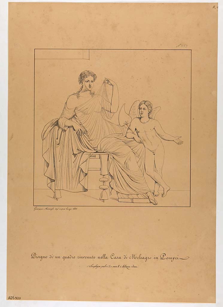 VI.9.2 Pompeii. Drawing by Giuseppe Marsigli, dated 1831 of female figure and cupid from room 28.
Now in Naples Archaeological Museum. Inventory number ADS 320.
Photo � ICCD. http://www.catalogo.beniculturali.it
Utilizzabili alle condizioni della licenza Attribuzione - Non commerciale - Condividi allo stesso modo 2.5 Italia (CC BY-NC-SA 2.5 IT)
