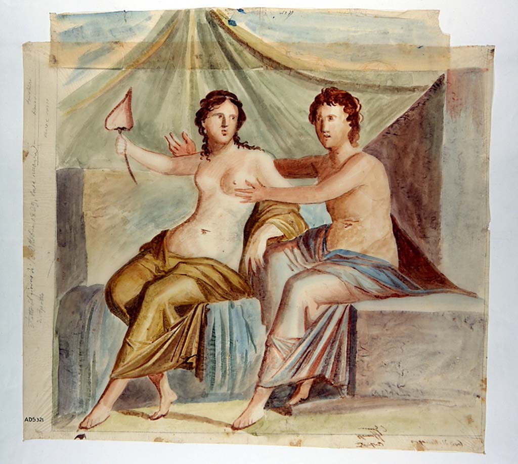VI.9.2 Pompeii. Painting by Giuseppe Marsigli, 16th October 1829, of a couple (Mars and Venus?) allocated as being found in the kitchen, room 38.
Now in Naples Archaeological Museum. Inventory number ADS 321.
Photo © ICCD. http://www.catalogo.beniculturali.it
Utilizzabili alle condizioni della licenza Attribuzione - Non commerciale - Condividi allo stesso modo 2.5 Italia (CC BY-NC-SA 2.5 IT)
This is a copy of the painting now in Naples Archaeological Museum, inv.no. 9250. (Helbig 314).