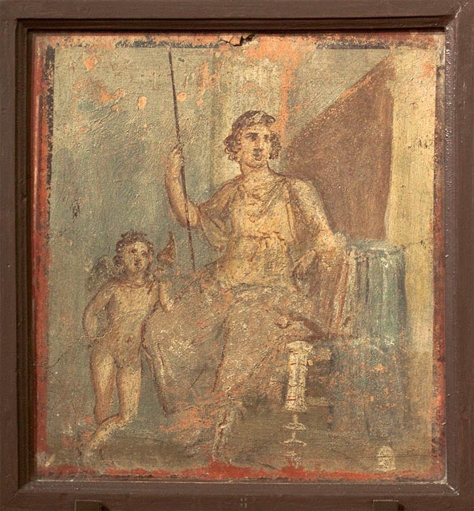 VI.9.2 Pompeii. Atalanta and cupid. Found in House of Meleager but exact location unknown.
Now in Naples Archaeological Museum. Inventory number 8897.
See Helbig, W., 1868. Wandgemälde der vom Vesuv verschütteten Städte Campaniens. Leipzig: Breitkopf und Härtel. (1168)
See Schefold, K., 1957. Die Wände Pompejis. Berlin: De Gruyter. p. 114.
See Real Museo Borbonico X, Tav. XLIV.
