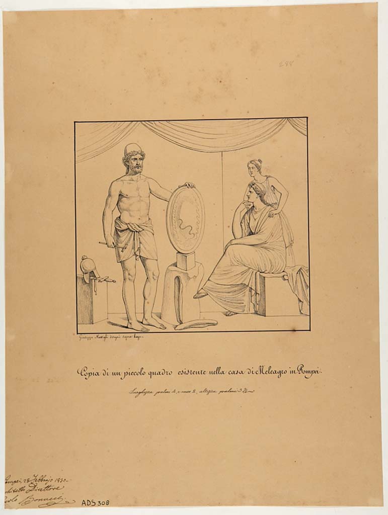 VI.9.2 Pompeii. Painting by Giuseppe Marsigli, 28th February 1830, from the atrium.
Now in Naples Archaeological Museum. Inventory number ADS 308.
Photo © ICCD. http://www.catalogo.beniculturali.it
Utilizzabili alle condizioni della licenza Attribuzione - Non commerciale - Condividi allo stesso modo 2.5 Italia (CC BY-NC-SA 2.5 IT)