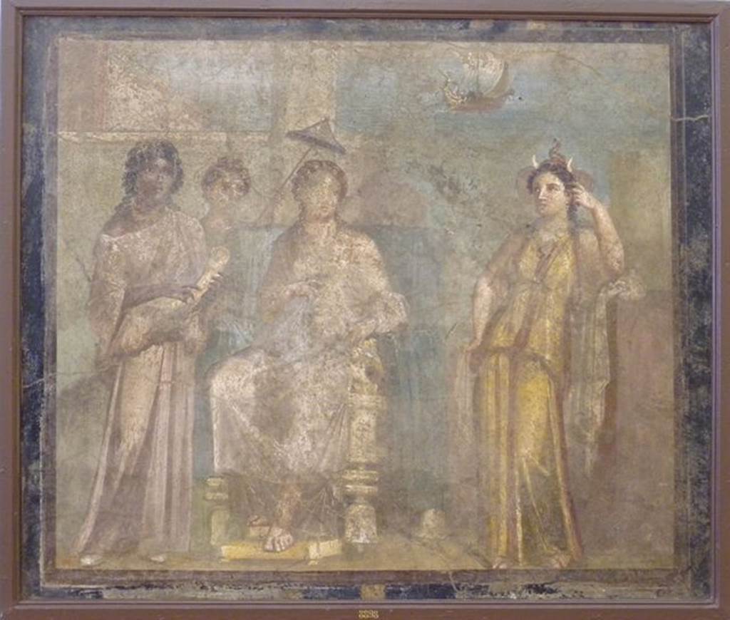 VI.9.2 Pompeii. Found 12th October 1829. Room 2, atrium. Wall painting of the abandoned Dido seated on a throne surrounded by maids. Africa is recognisable by the elephant trunk and tusks. The ships of Aeneas are sailing away in the distance. Now in Naples Archaeological Museum. Inventory number 8898. See Helbig, W., 1868. Wandgemälde der vom Vesuv verschütteten Städte Campaniens. Leipzig: Breitkopf und Härtel. (1113).