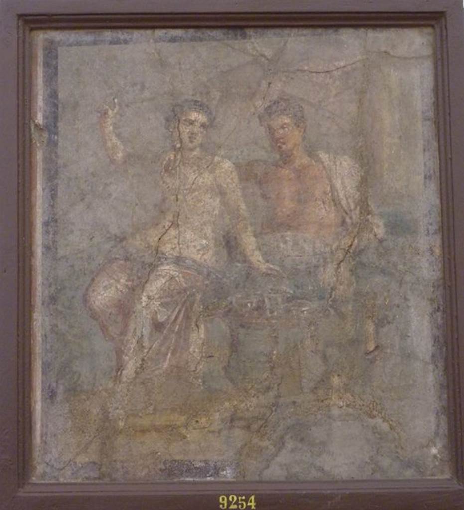 VI.9.2 Pompeii. 22nd September 1829. Room 12, west wall of cubiculum on south side of atrium. Wall painting of a couple at a banquet seated on a triclinium with a round table on which are glasses.Now in Naples Archaeological Museum. Inventory number 9254. See Helbig, W., 1868. Wandgem�lde der vom Vesuv versch�tteten St�dte Campaniens. Leipzig: Breitkopf und H�rtel. (1448b).
