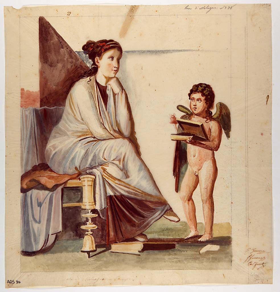 VI.9.2 Pompeii. Painting by Giuseppe Marsigli, of Sappho and cupid. (Helbig 1430).
According to Helbig, this painting was not cut and detached, and was already listed as destroyed by him.
Now in Naples Archaeological Museum. Inventory number ADS 314.
Photo � ICCD. http://www.catalogo.beniculturali.it
Utilizzabili alle condizioni della licenza Attribuzione - Non commerciale - Condividi allo stesso modo 2.5 Italia (CC BY-NC-SA 2.5 IT)
