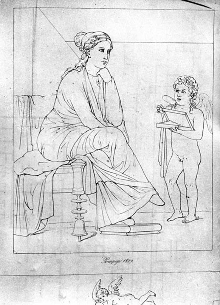 231867 Bestand-D-DAI-ROM-W.133be.jpg
VI.9.2 Pompeii. W.133. 1829 drawing of wall painting of Cupid revealing the contents of a gilded box to a seated woman, found in room 13. See Helbig, W., 1868. Wandgem�lde der vom Vesuv versch�tteten St�dte Campaniens. Leipzig: Breitkopf und H�rtel. (1430)
According to Bragantini, this painting was found on the west wall, and thought to show Sappho on her throne and a cupid. See Bragantini, de Vos, Badoni, 1983. Pitture e Pavimenti di Pompei, Parte 2. Rome: ICCD. (p.186)
Photo by Tatiana Warscher. With kind permission of DAI Rome, whose copyright it remains. 
See http://arachne.uni-koeln.de/item/marbilderbestand/231867 
