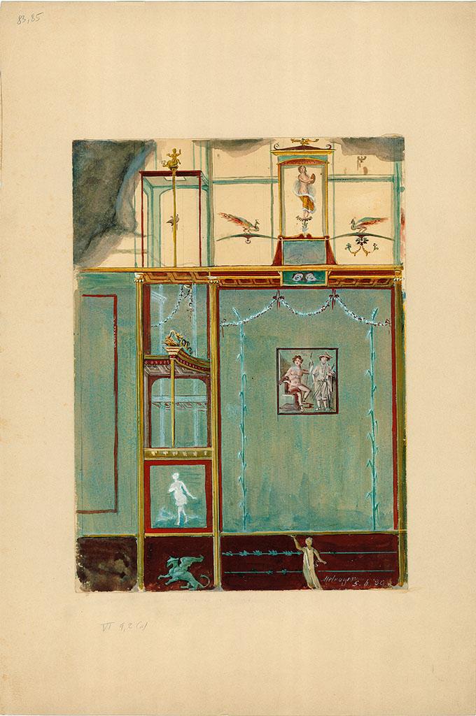 VI.9.2 Pompeii. June 1889. 
Room 29, east side of central painting on south wall showing painted wall decoration. 
DAIR 83.85. Photo � Deutsches Arch�ologisches Institut, Abteilung Rom, Arkiv. 
