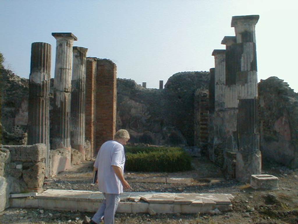 VI.9.3 Pompeii. September 2004. Looking east from tablinum 6 towards pseudo-peristyle 9. According to Jashemski, the garden was excavated in 1829. The narrow portico enclosed the garden. This portico was supported by eight columns and a double pillar reinforcing the column in the north-east corner (on the left of centre above). In the north, east and south, the columns were joined by a low wall. In the centre of the garden was a small basin enclosed by a low wall. See Jashemski, W. F., 1993. The Gardens of Pompeii, Volume II: Appendices. New York: Caratzas. (p.138)
