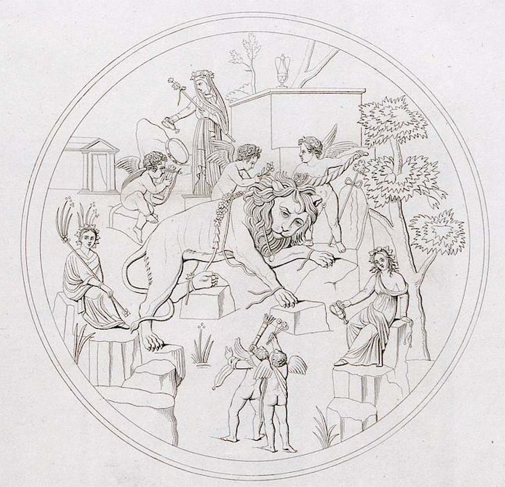 VI.9.5, Pompeii. Drawing by Zahn of mosaic, excavated 31st May 1829, from triclinium 27.
See Zahn, W., 1842-44. Die schönsten Ornamente und merkwürdigsten Gemälde aus Pompeji, Herkulanum und Stabiae: II. Berlin: Reimer, taf. 93.
