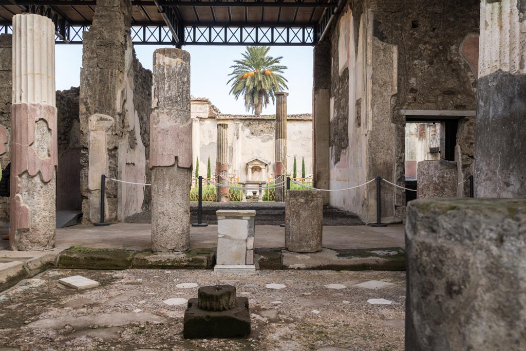 VI.9.6 Pompeii. January 2023. 
Room 3, looking east across impluvium towards tablinum and newly planted garden area. Photo courtesy of Johannes Eber.
