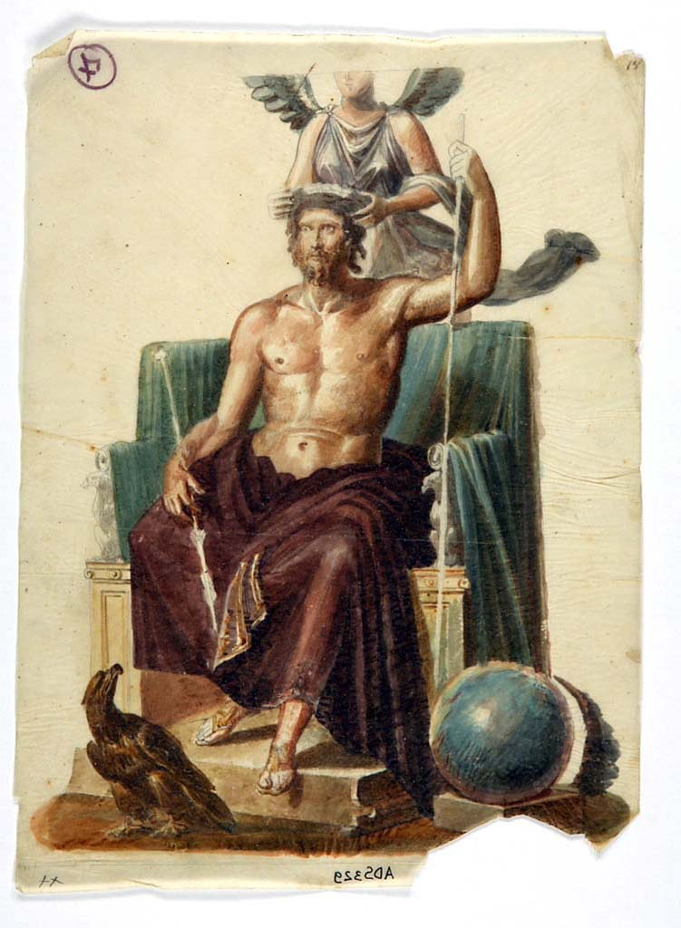 VI.9.6 Pompeii. Painting by Giuseppe Marsigli of Zeus on his throne from upper wall in atrium.
Now in Naples Archaeological Museum. Inventory number ADS 329.
Photo � ICCD. http://www.catalogo.beniculturali.it
Utilizzabili alle condizioni della licenza Attribuzione - Non commerciale - Condividi allo stesso modo 2.5 Italia (CC BY-NC-SA 2.5 IT)
We have reversed this image as it is in reverse on the ICCD website.
