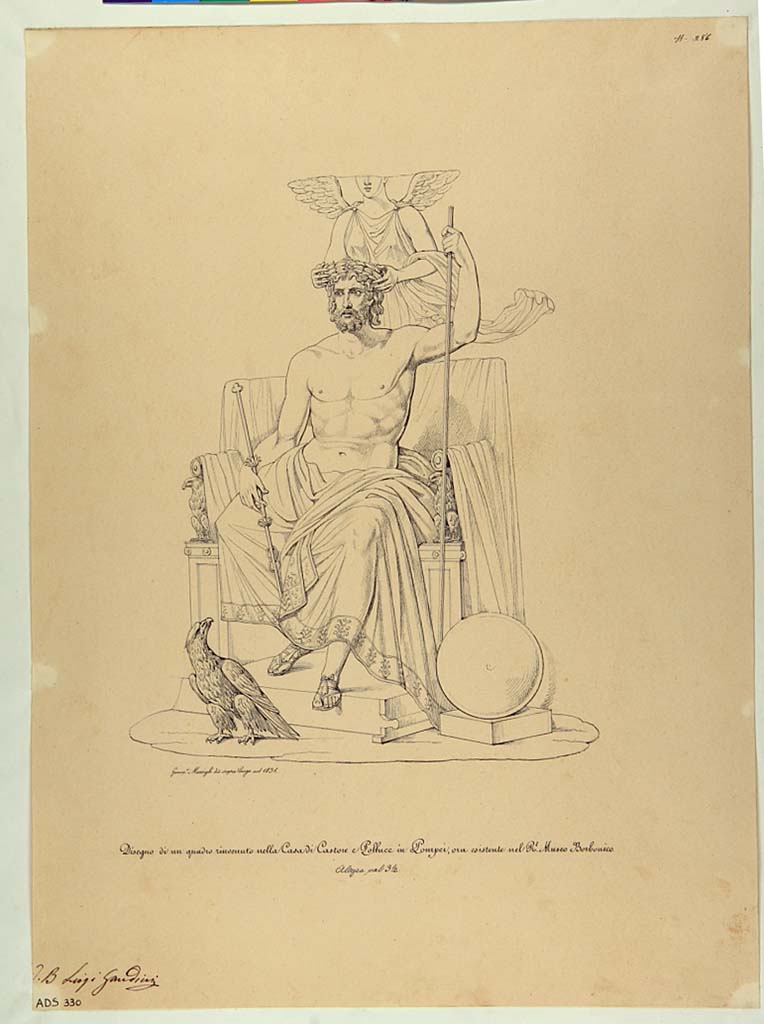 VI.9.6 Pompeii. Drawing by Giuseppe Marsigli, 1831, of Zeus on his throne from upper wall in atrium.
Now in Naples Archaeological Museum. Inventory number ADS 330.
Photo � ICCD. http://www.catalogo.beniculturali.it
Utilizzabili alle condizioni della licenza Attribuzione - Non commerciale - Condividi allo stesso modo 2.5 Italia (CC BY-NC-SA 2.5 IT)

