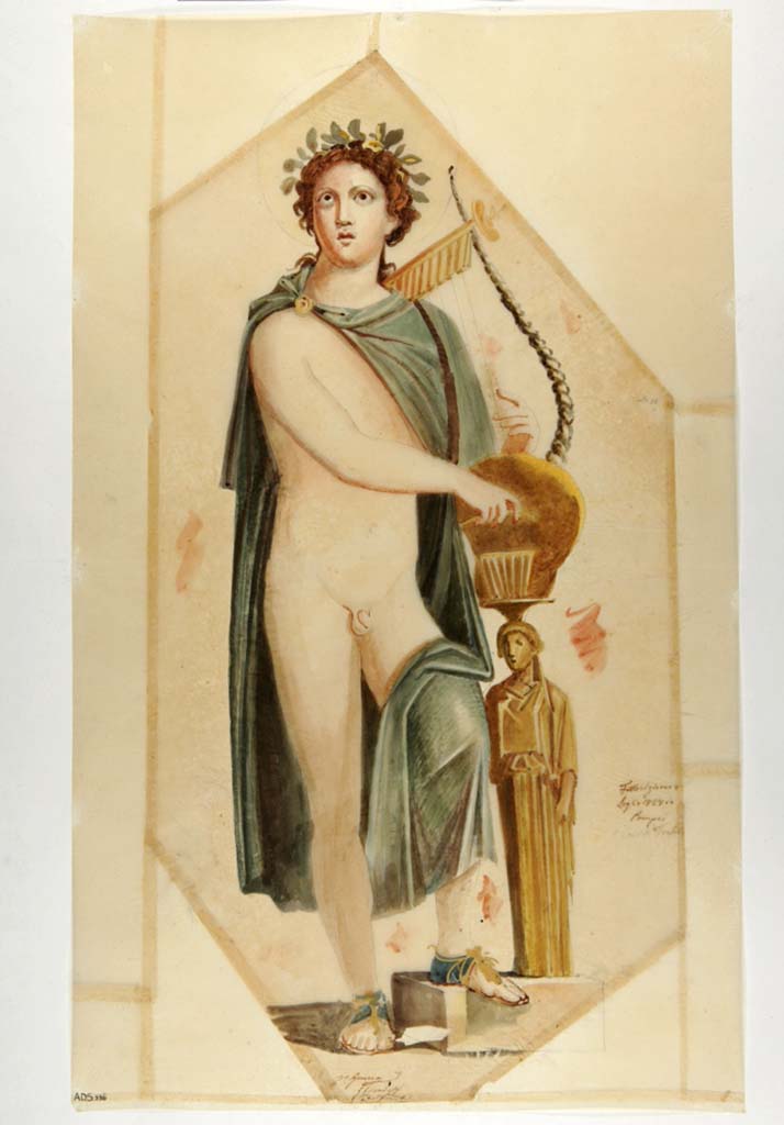 VI.9.6 Pompeii. Painting by Giuseppe Marsigli, 8th July 1828, of Apollo from wall in atrium.
Now in Naples Archaeological Museum. Inventory number ADS 336.
Photo � ICCD. http://www.catalogo.beniculturali.it 
Utilizzabili alle condizioni della licenza Attribuzione - Non commerciale - Condividi allo stesso modo 2.5 Italia (CC BY-NC-SA 2.5 IT)
