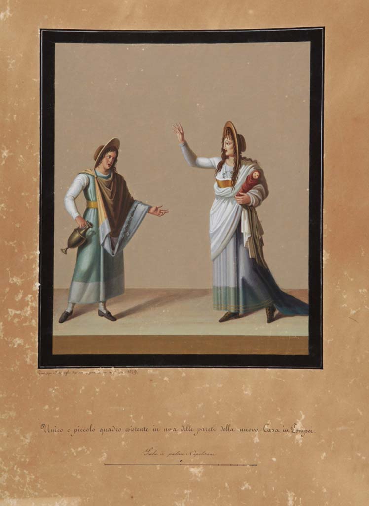 VI.9.6 Pompeii. Painting by Giuseppe Marsigli, 1829, showing the Tragedy scene. 
Now in Naples Archaeological Museum. Inventory number ADS 351.
Photo © ICCD. http://www.catalogo.beniculturali.it
Utilizzabili alle condizioni della licenza Attribuzione - Non commerciale - Condividi allo stesso modo 2.5 Italia (CC BY-NC-SA 2.5 IT)
