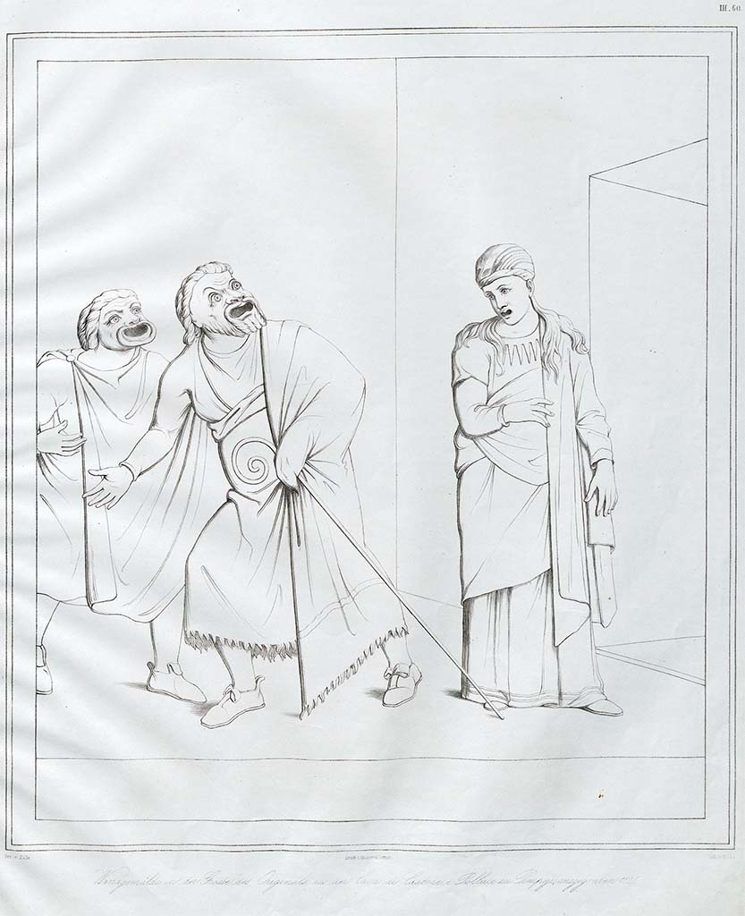 VI.9.6 Pompeii. Pre-June 1854. Drawing by Zahn of theatrical scene from west wall of pseudo-peristyle.
See Zahn, W., 1852-59. Die schönsten Ornamente und merkwürdigsten Gemälde aus Pompeji, Herkulanum und Stabiae: III. Berlin: Reimer, taf. 60.

