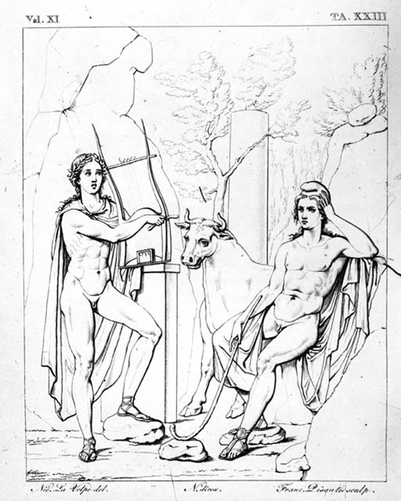 VI.9.6 Pompeii. W.219. Room 20, drawing by N. La Volpe of wall painting from east wall of Apollo and Laomedon or Admetus.
Photo by Tatiana Warscher. Photo � Deutsches Arch�ologisches Institut, Abteilung Rom, Arkiv. 
See Helbig, W., 1868. Wandgem�lde der vom Vesuv versch�tteten St�dte Campaniens. Leipzig: Breitkopf und H�rtel. (220)
See Real Museo Borbonico, XI, taf 23.