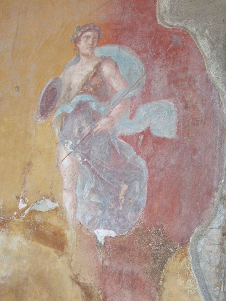 VI.9.6 Pompeii. May 2006. Room 6, painting of Maenad from north wall of peristyle on west side of doorway. See Helbig, W., 1868. Wandgemälde der vom Vesuv verschütteten Städte Campaniens. Leipzig: Breitkopf und Härtel. (481; p.112). See Real Museo Borbonico IX, Ta. XVII.
