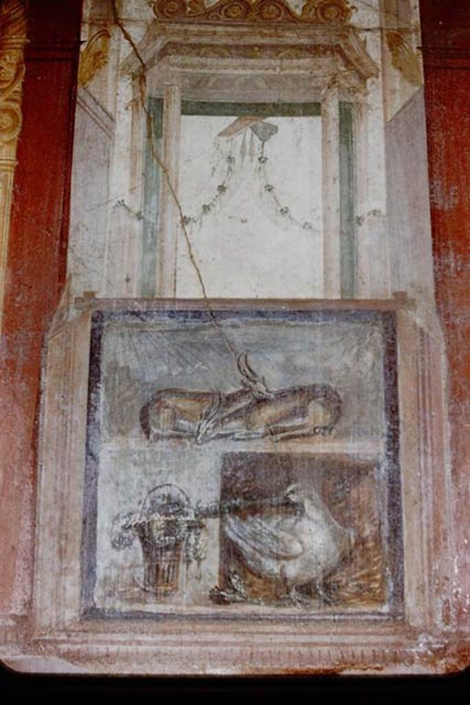 VI.9.6 Pompeii. 1959.  Room 6, wall painting of two deer, a basket with garlands and a goose, from north wall of peristyle on west side of doorway. Photo by Stanley A. Jashemski.
Source: The Wilhelmina and Stanley A. Jashemski archive in the University of Maryland Library, Special Collections (See collection page) and made available under the Creative Commons Attribution-Non Commercial License v.4. See Licence and use details.
J59f0375
