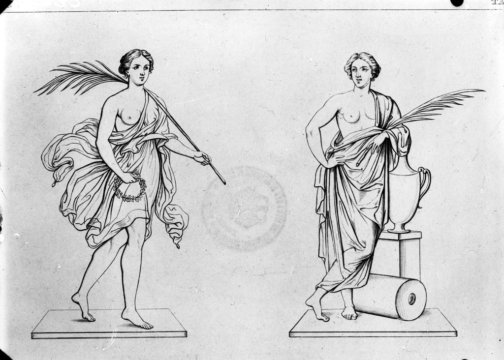 VI.9.6 Pompeii. W.235. 
Room 6, on the left, a drawing of a female figure with palm leaf and garland, from west side of north-west pilaster in peristyle.
See Real Museo Borbonico IX, taf 2.
Photo by Tatiana Warscher. Photo © Deutsches Archäologisches Institut, Abteilung Rom, Arkiv.
