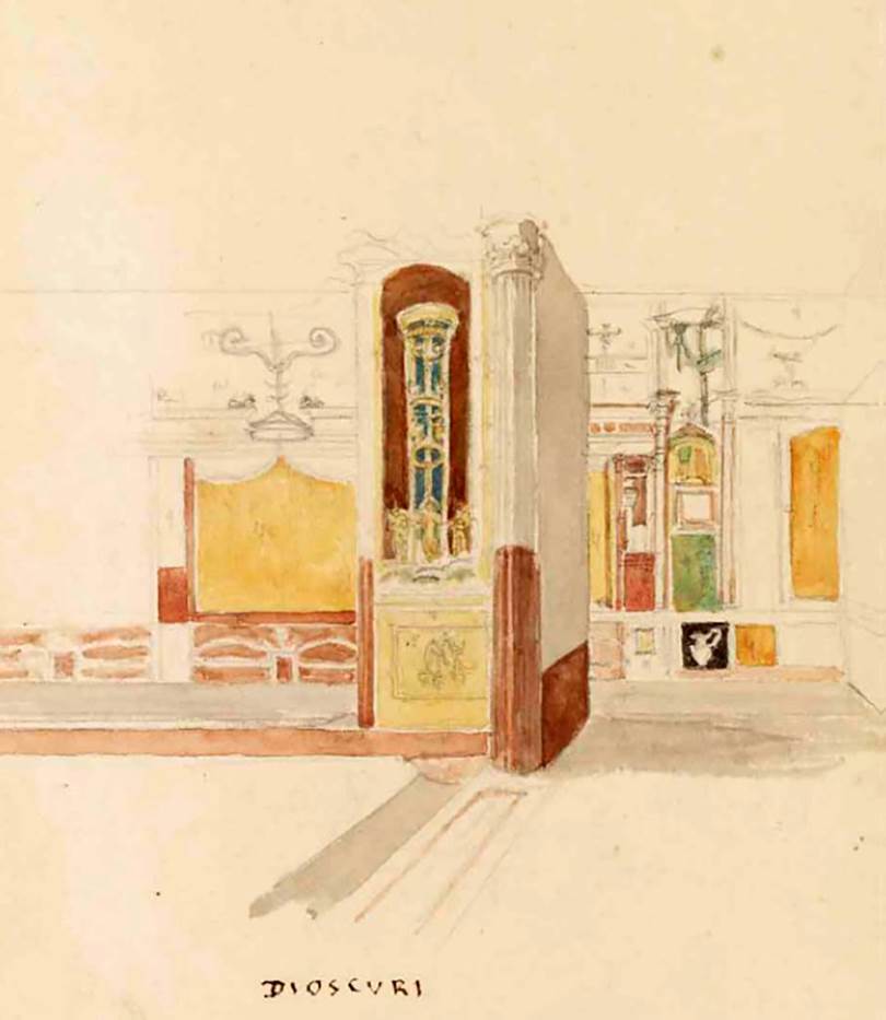 VI.9.6 Pompeii. c.1830. Room 6, looking towards west portico and west wall of peristyle. 
Drawing by Gell from his sketchbook.
See Gell, W. Sketchbook of Pompeii, c.1830. 
See book from Van Der Poel Campanian Collection on Getty website http://hdl.handle.net/10020/2002m16b425
