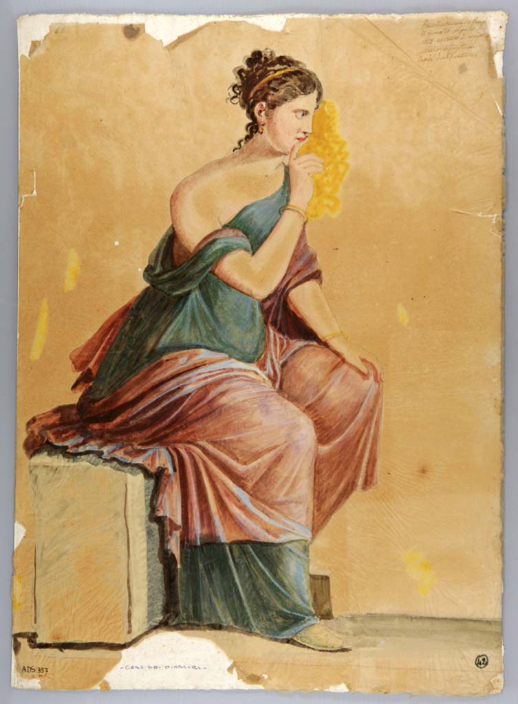 VI.9.6 Pompeii. Painting attributed to Giuseppe Marsigli, of sitting girl in peristyle found 26th April 1828 but without a head.
Room 6, drawing of wall painting of a sitting girl in green chiton and red mantel.
From the south end of the west wall of the peristyle.
Now in Naples Archaeological Museum. Inventory number ADS 357.
Photo © ICCD. http://www.catalogo.beniculturali.it
Utilizzabili alle condizioni della licenza Attribuzione - Non commerciale - Condividi allo stesso modo 2.5 Italia (CC BY-NC-SA 2.5 IT)