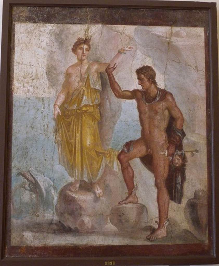VI.9.6 Pompeii. Found 18th June 1828 in room 6, east end of peristyle, with two pilasters. Wall painting of Perseus rescuing Andromeda. Two large panel paintings, Perseus rescuing Andromeda and Medea with her children, occupied the end pilasters directly opposite room 22. Now in Naples Archaeological Museum. Inventory number 8998. See Helbig, W., 1868. Wandgemälde der vom Vesuv verschütteten Städte Campaniens. Leipzig: Breitkopf und Härtel. (1186).