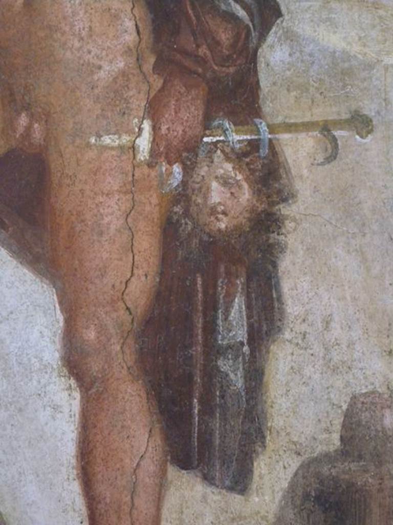 VI.9.6 Pompeii. Found 18th June 1828 in room 6, east end of peristyle, with two pilasters. Detail of the head of the Gorgon from the wall painting of Perseus rescuing Andromeda.