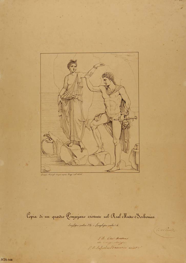 VI.9.6 Pompeii. Drawing of a copy of the painting existing in Real Museo Borbonico, by Giuseppe Marsigli, 1830.
Now in Naples Archaeological Museum. Inventory number ADS 366.
Photo © ICCD. http://www.catalogo.beniculturali.it
Utilizzabili alle condizioni della licenza Attribuzione - Non commerciale - Condividi allo stesso modo 2.5 Italia (CC BY-NC-SA 2.5 IT)