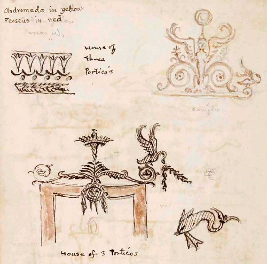 VI.9.6 Pompeii. c.1830. Assorted decoration as drawn by Gell.
The lower drawing may have been from the zoccolo of the east wall under the window of our Room 21. (See VI.9.6, east, pt.5).
See Gell, W. Sketchbook of Pompeii, c.1830.
See book from Van Der Poel Campanian Collection on Getty website http://hdl.handle.net/10020/2002m16b425