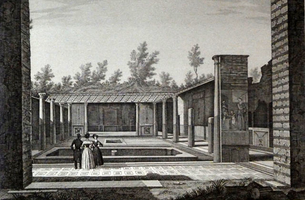 VI.9.6 Pompeii. 1845. Old drawing of peristyle with large basin and fountain. Looking west from room 22.
On the pilaster on the right, the painting of Medea with her children can be seen.
Now in Naples Archaeological Museum. Inventory number 8977.
On the inside of the pilasters at the far west end are two paintings of the slaughter of the sons and daughters of Niobe.
See Zuccagni Orlandini, A., 1845. Atlante Illustrativo ossia raccolta dei principali monumenti italiani antichi, del medioevo e moderni e di alcune vedute pittoriche: Vol III: Regno delle due Sicilie. Firenze, Tav. XI, n.1.