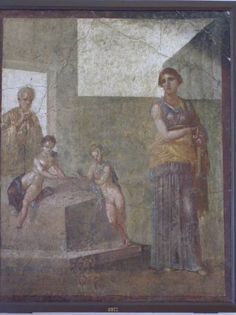 VI.9.6 Pompeii. Found 18th June 1828 in room 6, east end of peristyle, with two pilasters. Wall painting of Medea contemplating killing her children who are playing nearby. Two large panel paintings, Perseus rescuing Andromeda and Medea with her children, occupied the end pilasters directly opposite room 22. Now in Naples Archaeological Museum. Inventory number 8977.
See Helbig, W., 1868. Wandgemälde der vom Vesuv verschütteten Städte Campaniens. Leipzig: Breitkopf und Härtel. (1262).
