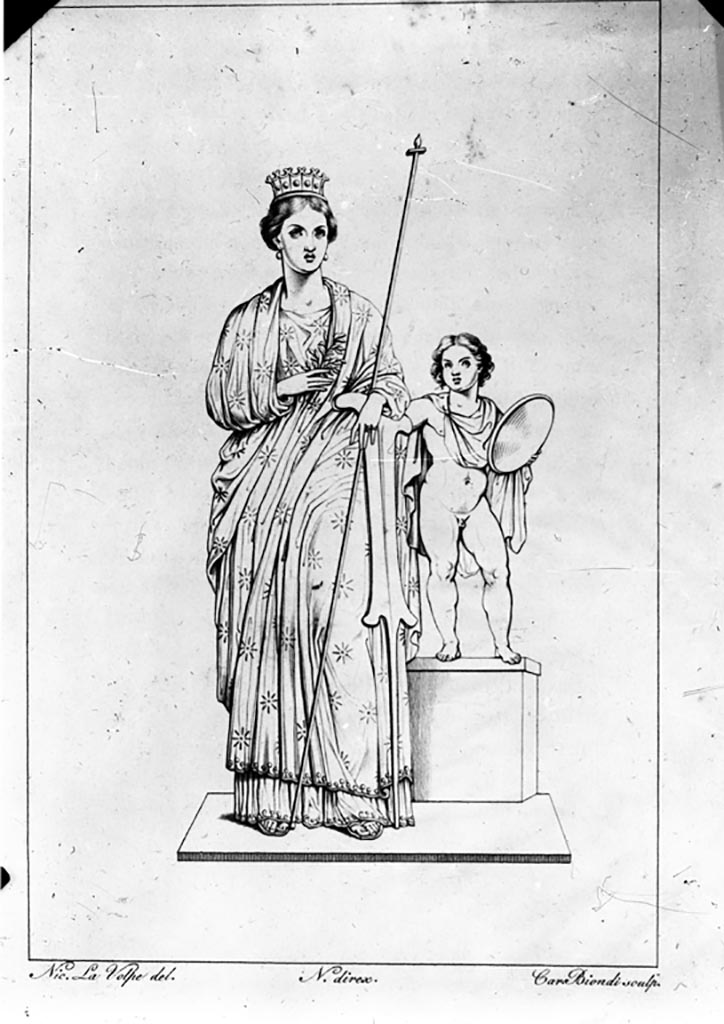 VI.9.6 Pompeii. W.233.
Room 6, drawing by N. La Volpe of wall painting of Venus Pompeiana from north wall of peristyle.
This would have been seen on the east side of the doorway from peristyle into the atrium.
Photo by Tatiana Warscher. Photo © Deutsches Archäologisches Institut, Abteilung Rom, Arkiv.