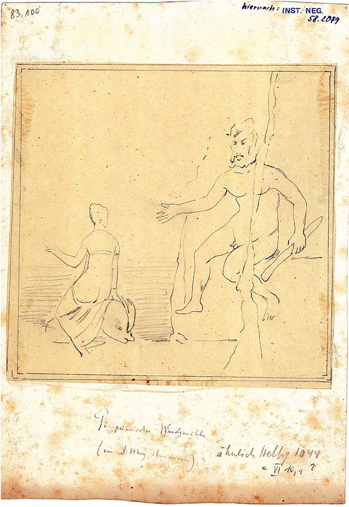 VI.10.1 Pompeii. Drawing of wall painting of Polyphemus watching Galatea on a dolphin on south wall of rear room. 
DAIR 83.100. Photo � Deutsches Arch�ologisches Institut, Abteilung Rom, Arkiv. 
