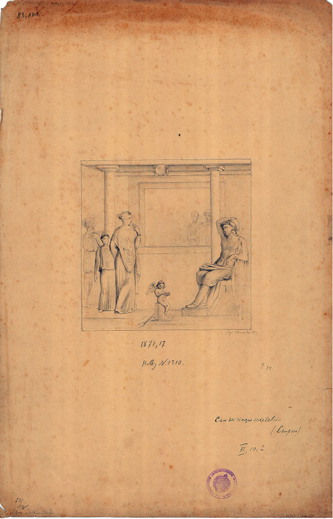 VI.10.2 Pompeii. Oecus. 1871 drawing of wall painting of Helen and Paris.
DAIR 83.101. Photo © Deutsches Archäologisches Institut, Abteilung Rom, Arkiv.
See Helbig, W., 1868. Wandgemälde der vom Vesuv verschütteten Städte Campaniens. Leipzig: Breitkopf und Härtel. (1310)
See Coarelli F. and Pesando F. et al, 2006. Rileggere Pompei: l’insula 10 della regione VI. Roma: L’Erma di Bretschneider. p. 61.