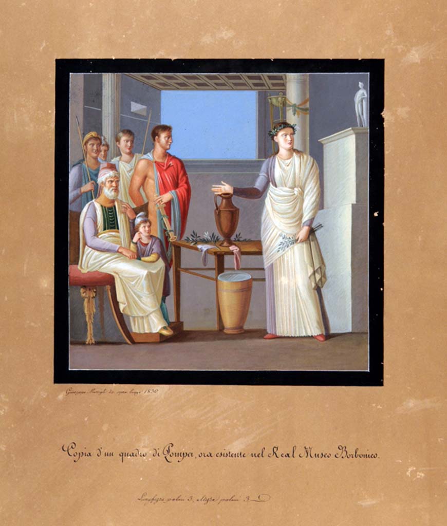 VI.10.2 Pompeii. Painting by Giuseppe Marsigli, 1830, copy of wall painting now in Real Museo Borbonico.
This painting has been described as either Aeneas consulting Anio, or Cassandra prophesising the fall of Troy.
Now in Naples Archaeological Museum. Inventory number ADS 362.
Photo © ICCD. http://www.catalogo.beniculturali.it
Utilizzabili alle condizioni della licenza Attribuzione - Non commerciale - Condividi allo stesso modo 2.5 Italia (CC BY-NC-SA 2.5 IT)