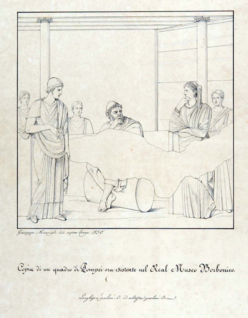 VI.10.2 Pompeii. Drawing by Giuseppe Marsigli, 1830, of a copy of a painting now existing in Real Museo Borbonico, showing Ulysses and Penelope, from the oecus.
Now in Naples Archaeological Museum. Inventory number ADS 363.
Photo © ICCD. http://www.catalogo.beniculturali.it
Utilizzabili alle condizioni della licenza Attribuzione - Non commerciale - Condividi allo stesso modo 2.5 Italia (CC BY-NC-SA 2.5 IT)
This painting was detached from the wall in May 1829, and taken to the museum, inventory number 9107.