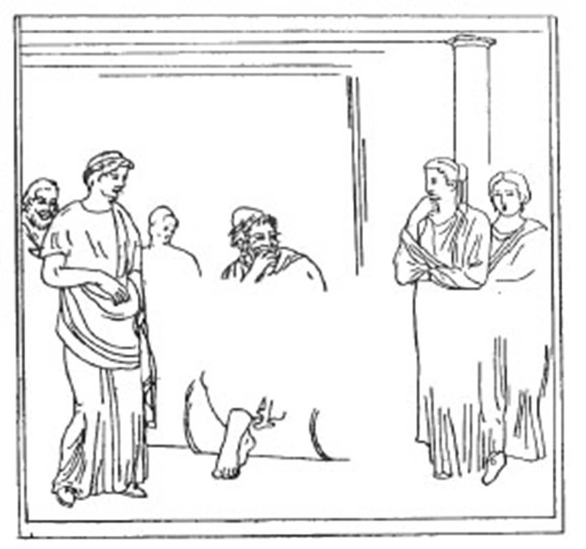 VI.10.2 Pompeii. Drawing of wall painting of Ulysses and Penelope. The painting was also found in the oecus. Original painting now in Naples Archaeological Museum. Inventory number 9107.
See Helbig, W., 1868. Wandgemälde der vom Vesuv verschütteten Städte Campaniens. Leipzig: Breitkopf und Härtel. (1331)
See Pagano, M. and Prisciandaro, R., 2006. Studio sulle provenienze degli oggetti rinvenuti negli scavi borbonici del regno di Napoli. Naples: Nicola Longobardi. (p.140). See Coarelli F. and Pesando F. et al, 2006. Rileggere Pompei: l’insula 10 della regione VI. Roma: L’Erma di Bretschneider. p.61-2, tav. XVII.