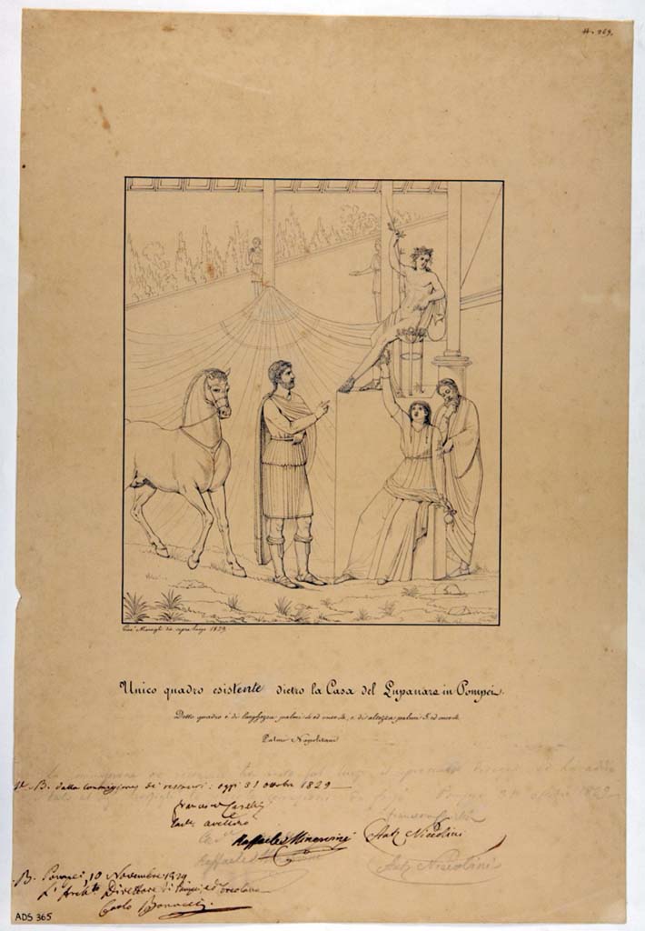 VI.10.2 Pompeii. Drawing by Giuseppe Marsigli, 1829, of a warrior (Hector) asking advice from the Oracle.
Now in Naples Archaeological Museum. Inventory number ADS 365.
Photo © ICCD. http://www.catalogo.beniculturali.it
Utilizzabili alle condizioni della licenza Attribuzione - Non commerciale - Condividi allo stesso modo 2.5 Italia (CC BY-NC-SA 2.5 IT)
See Helbig, W., 1868. Wandgemälde der vom Vesuv verschütteten Städte Campaniens. Leipzig: Breitkopf und Härtel, (1391).