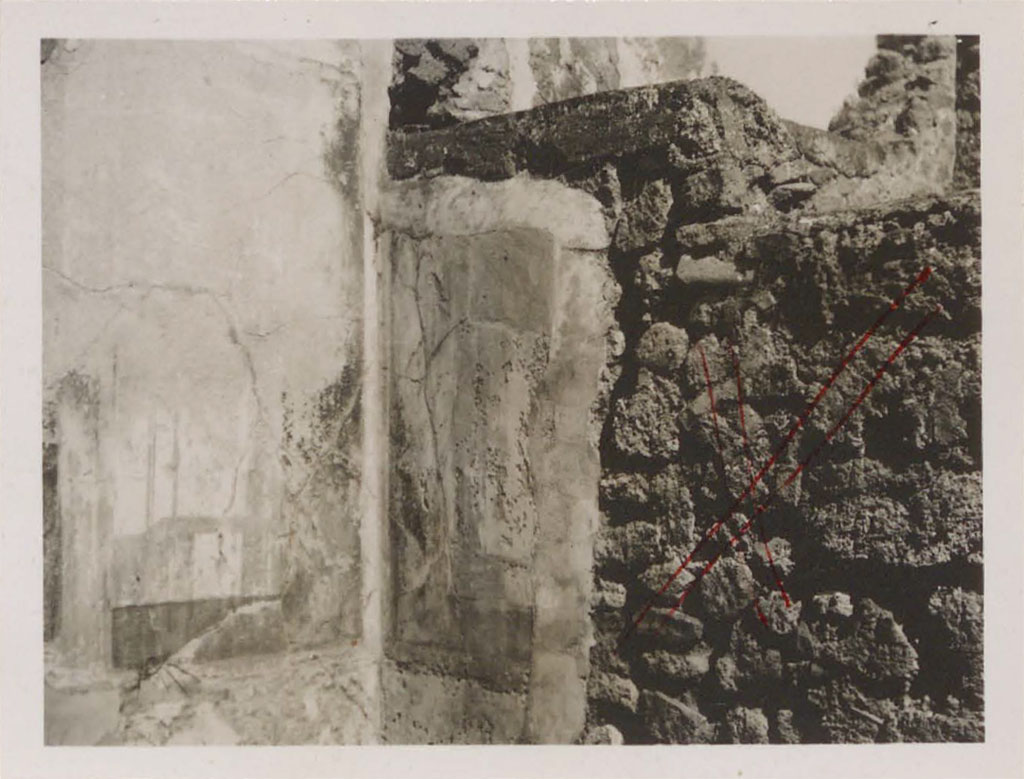 VI.10.2 Pompeii. Pre-1942. Looking towards north-east corner of second room on left of peristyle.
According to Warscher, “X” marks the spot where the painting of Perseus and Andromeda was removed from the east wall.
See Warscher, T. 1942. Catalogo illustrato degli affreschi del Museo Nazionale di Napoli. Sala LXXIX. Vol.1. Rome, Swedish Institute