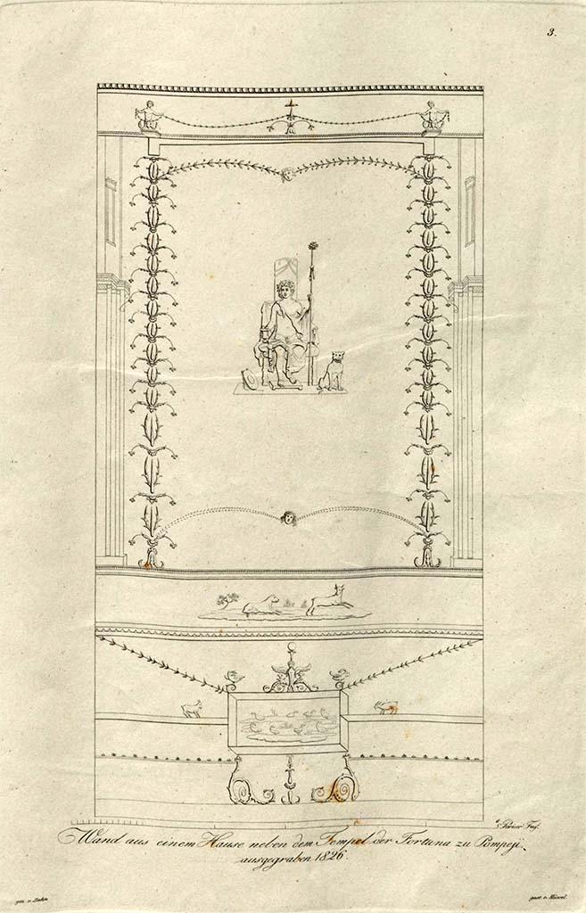 VI.10.11 Pompeii. Room 3, drawing of wall panel from south wall in the south-east corner.
The central panel showed Bacchus with his panther.
See Zahn, W., 1828. Die schönsten Ornamente und merkwürdigsten Gemälde aus Pompeji, Herkulanum und Stabiae: I. Berlin: Reimer. (Tav. 3).

