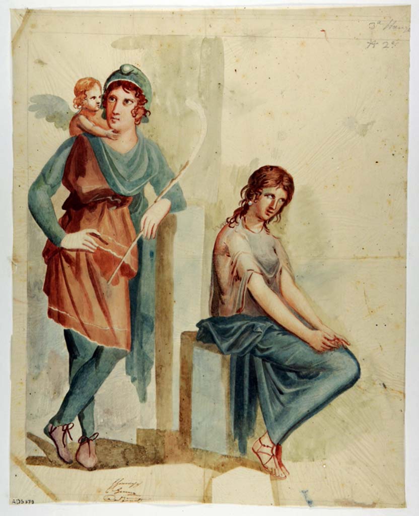VI.11.10 Pompeii. Room 29.
Painting by Giuseppe Marsigli, of painting of Paris and Helen from centre of north wall of cubiculum which was left in situ.
Now in Naples Archaeological Museum. Inventory number ADS 379.
Photo � ICCD. https://www.catalogo.beniculturali.it
Utilizzabili alle condizioni della licenza Attribuzione - Non commerciale - Condividi allo stesso modo 2.5 Italia (CC BY-NC-SA 2.5 IT)

