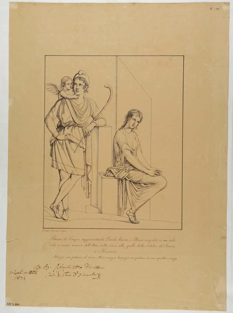 VI.11.10 Pompeii. Room 29.
Drawing by Giuseppe Marsigli, this had previously been identified as Paris and Helen, but later thought to be Paris and Oenone.
Now in Naples Archaeological Museum. Inventory number ADS 380.
Photo � ICCD. https://www.catalogo.beniculturali.it
Utilizzabili alle condizioni della licenza Attribuzione - Non commerciale - Condividi allo stesso modo 2.5 Italia (CC BY-NC-SA 2.5 IT)

