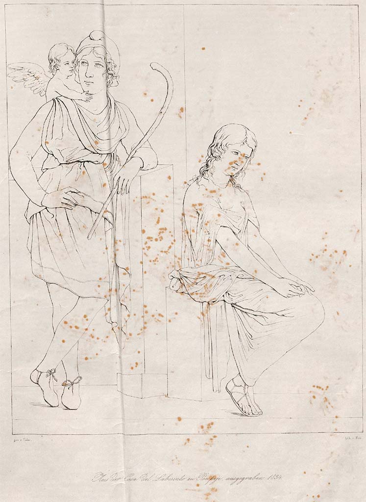 VI.11.10 Pompeii. Pre 1842. Room 29, drawing by Zahn, described as of Paris and Helen, excavated 1834.
See Zahn, W., 1842-44. Die sch�nsten Ornamente und merkw�rdigsten Gem�lde aus Pompeji, Herkulanum und Stabiae: II. Berlin: Reimer, taf. 31.

