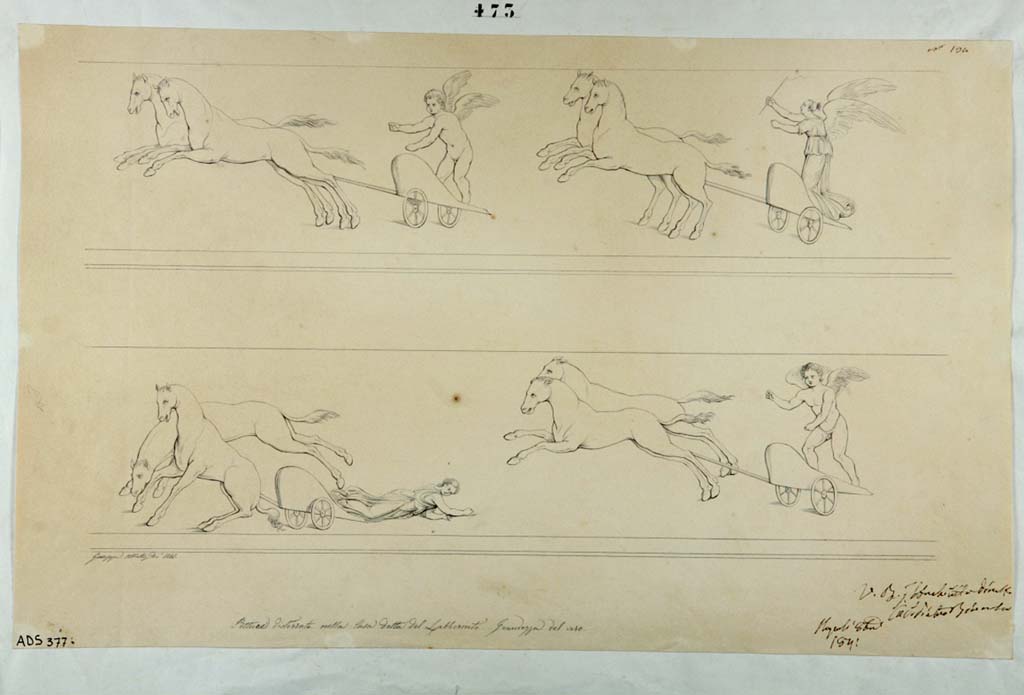 VI.11.10 Pompeii. 
Drawing by Giuseppe Abbate, 1841, of a Cupid�s race (now faded and lost) from room 40, painted in II style on violet background.
Now in Naples Archaeological Museum. Inventory number ADS 377.
Photo � ICCD. https://www.catalogo.beniculturali.it
Utilizzabili alle condizioni della licenza Attribuzione - Non commerciale - Condividi allo stesso modo 2.5 Italia (CC BY-NC-SA 2.5 IT)

