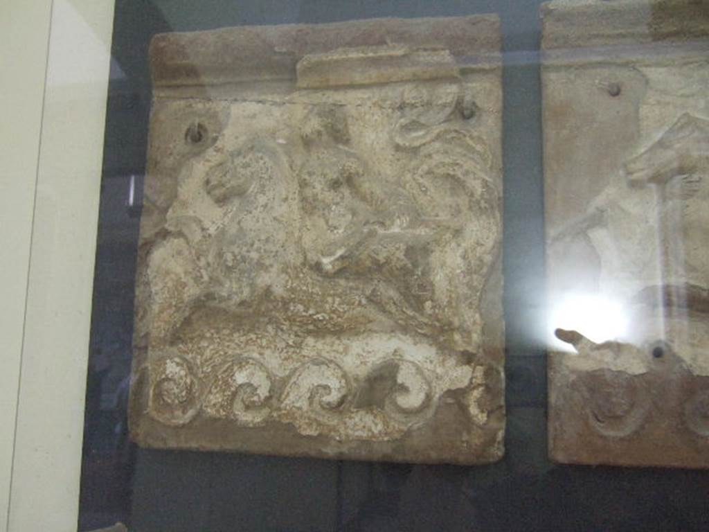 VI.12.2 Pompeii. Terracotta facing with Nereid on a sea horse. Found in first peristyle.  Now in Naples Archaeological Museum.  Inventory number 21515.