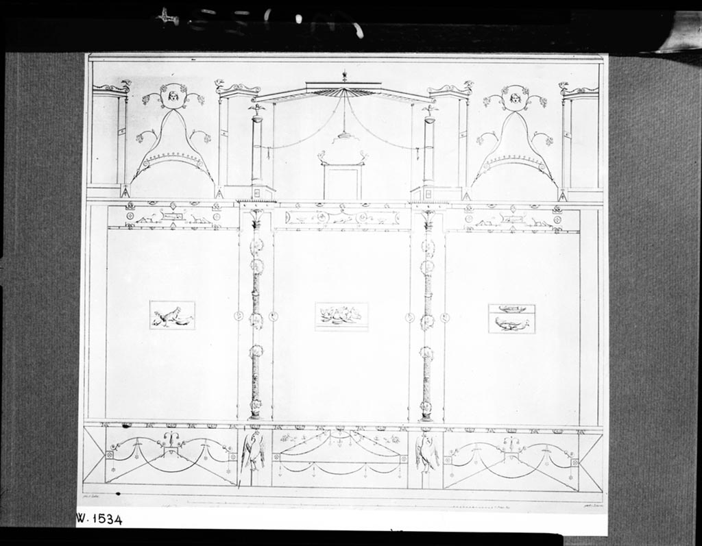 VI.13.2 Pompeii. W.1534. Drawing of east wall of tablinum, see Zahn II 86.
Photo by Tatiana Warscher. With kind permission of DAI Rome, whose copyright it remains. 
The painted panel in the centre of the panel on the left showed a cock and chickens.
The painted central panel showed glass bottles, vases, etc.
The painted panel on the right showed a plate of fruits, above a chicken.
According to Breton, the tablinum was paved in mosaic, and the walls decorated with six paintings on a red background.
These showed cocks and chickens, a plate of fruits, and a beautiful group of vases, bottles or glasses, in various forms.
See Breton, Ernest. 1870. Pompeia, Guide de visite a Pompei, 3rd ed. Paris, Guerin. 

